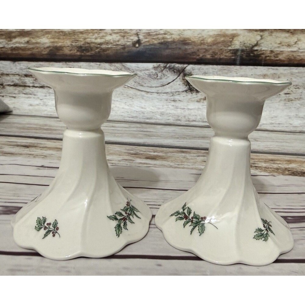 2 Vintage 1970’s Nikko Candle Holders Japan Holly Berries Tapers Christmas